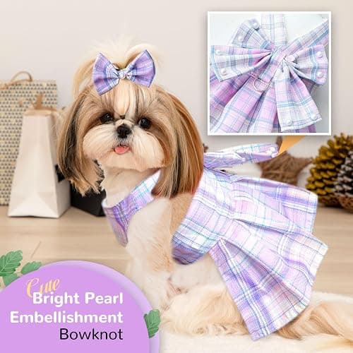 PETCARE Cute Dog Dress Clothes for Small Dogs Cats Girl Female Purple Plaid Bow Tie Dog Harness Dresses Leash Set with Pearls Bow Accessories Birthday Puppy Dress Shih Tzu Yorkies Chihuahua Outfits thumbnail 4