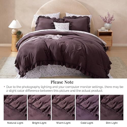 BLOOMHAVEN Full Comforter Set - 7 Pieces Ruffle Purple Bedding Sets, Shabby Chic Farmhouse Bed in a Bag Full with Ruffle Comforter, Floral Sheets, Pillowcases & Shams thumbnail 9