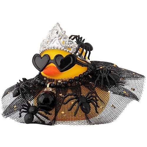 wonuu Halloween Rubber Duck Tiny Spider Car Ornaments Duck Car Dashboard Decorations for Cute Car Accessories with Dress Heart Shape Sunglasses, Black Sparkly Skirt - Image 1