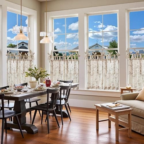 jinchan Floral Kitchen Curtains 24 Inch Linen Tier Curtains Farmhouse Cafe Half Window Drapes Over Sink Light Filtering Taupe on Beige for Living Room Laundry Tie Top 2 Panels thumbnail 4