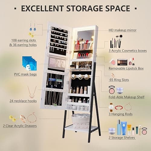 jajov 47.2" LED Jewelry Cabinet Armoire, Standing Full-Length Mirror With Jewelry Storage, Jewelry Organizer Armoire, Lockable Jewelry Mirror Cabinet (Rustic White) thumbnail 3