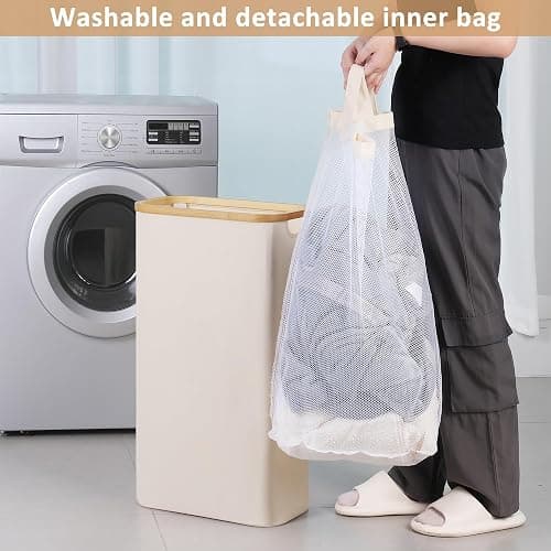 iEGrow 65L Slim Laundry Hamper, Narrow Laundry Basket with Lid,Foldable Clothes Hamper with Bamboo Handles,Hamper Basket with Removable Inner Bag for Laundry Room Bedroom College Dorm,17.17 Gals Beige thumbnail 6