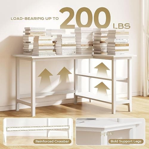 IOTXY 45" Reversible L-Shaped Office Desk with Storage Shelves, White | Solid Rubberwood Legs, 0.6" MDF Desktop, Reversible 2-tier Shelves, Compact Corner Computer Table for Small Spaces thumbnail 6