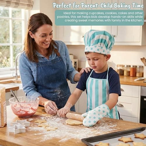 Kid Apron and Chef Hat Set, 3 Pcs Children Cooking Baking Set Kits Role Play Chef Toy Kid Cooking Gift for Girls Boys (Blue) thumbnail 2
