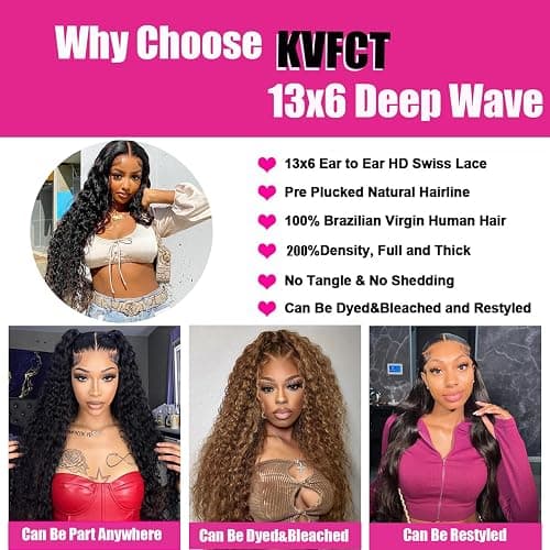 KVFCT 30 Inch Deep Wave Lace Front Wigs Human Hair 13x6 HD Transparent Deep Wave Lace Front Wigs for Women 200% Density Curly Lace Front Wig Pre Plcked Deep Wave Wigs with Baby Hair thumbnail 4