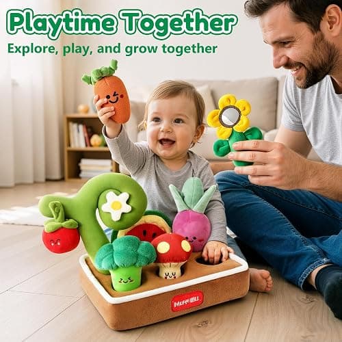 MORECOLL Fruit & Veggie Baby Sensory Plush Set, Baby Toys 6-12 Months, Garden Plush Toys with Rattle, Crinkle, Squeak, Mirror, Pull, Match & Plant Play, Montessori Baby Gift for Boys Girl Infant thumbnail 7