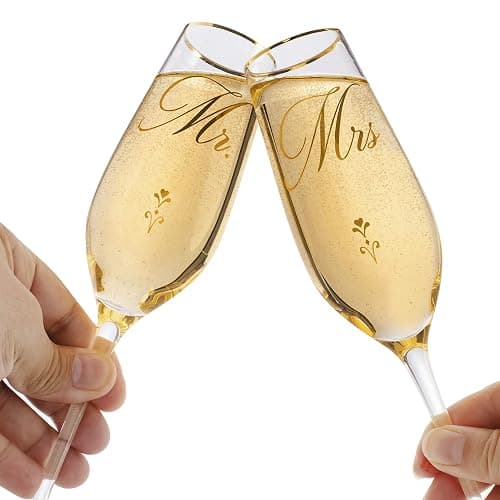 Bride and Groom Champagne Glasses (8 oz), Gold Print Mr and Mrs Glasses for Wedding Glasses and Toasting Flutes, Bridal Shower Gifts, Engagement Gift, Comes with Gift Box and Note Card thumbnail 5