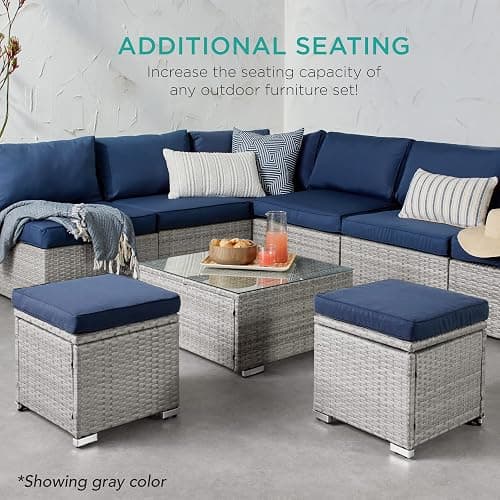 Best Choice Products Set of 2 Wicker Ottomans, Multipurpose Outdoor Furniture for Patio, Backyard, Additional Seating, Footrest, Side Table w/Storage, Removable Cushions - Natural/Ivory thumbnail 8