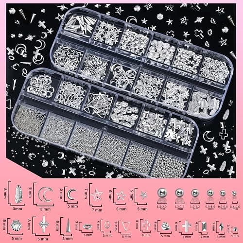 Teenitor Silver Nail Charms and Gems Kit, 4 Boxes Nail Gems Silver Rhinestones for Nails, 3D Y2K Accessories Nail Decor, Cross Charms for Nails Design Star, Caviar Beads for Nails Art thumbnail 4
