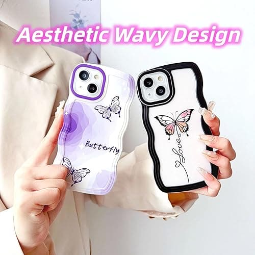 UICEAM Compatible with iPhone 13 Mini Case Clear with Butterfly Design for Women Girls,Aesthetic Cute Girly Wavy Soft Shockproof Cell Phone Cover for iPhone 13mini (Butterfly/Black) - iPhone 13 Mini - Butterfly/Black thumbnail 5