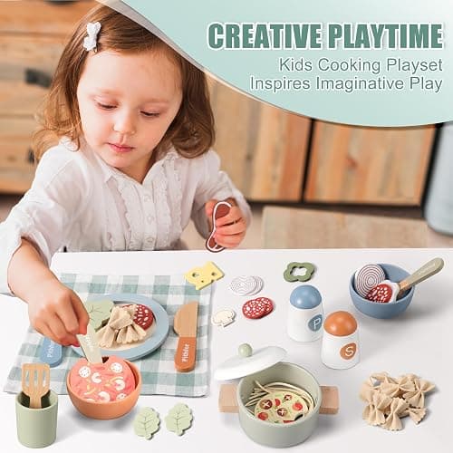 Pithfor Wooden Play Cooking Set, Pretend Play Kitchen Accessories Toys Set for Kids Toddlers, Including Play Dishes, Pot and Pan, Utensils, Gifts for 3 4 5 Years Old Girls Boys thumbnail 2