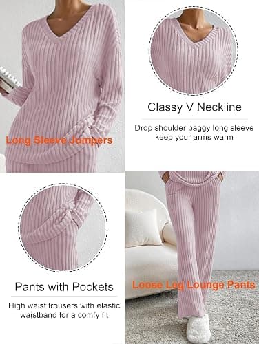 Famulily Womens Pyjamas Set Nightwear, Ladies Ribbed 2 Piece Outfits Loungewear Sets Leisure Suits Homewear V Neck Long Sleeve Jumpers and Wide Leg Trousers with Pockets thumbnail 4