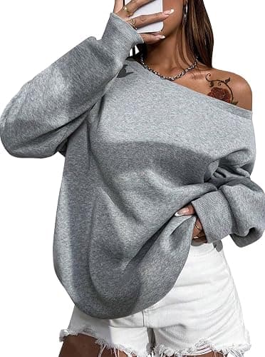 Remidoo Womens Off Shoulder Sweatshirt Drop Shoulder Oversized Long Sleeve Pullover Top - Small - Grey - Image 1