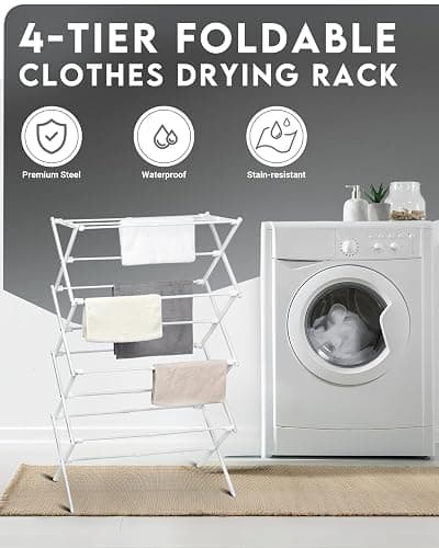 ZOES HOMEWARE 4-Tier Clothes Drying Rack, 4ft High Foldable Drying Rack Clothing for Indoor & Outdoor, Portable Collapsible Laundry Dryer for Laundry Room and Apartment, White 29" L x 49" H x 11.5" W thumbnail 2