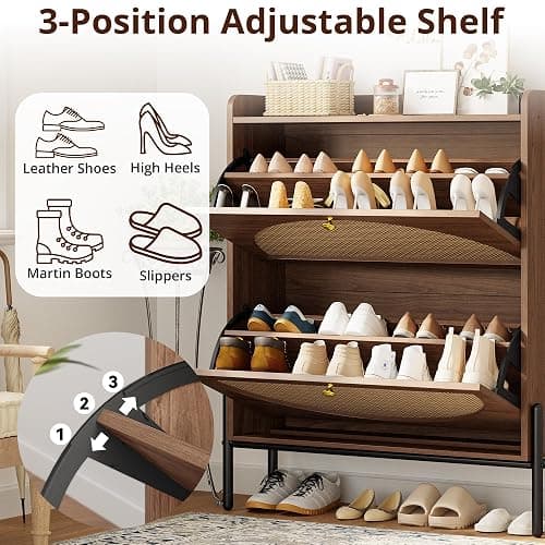 IRONCK Shoe Cabinet Storage with 2 Flip Drawers, Free Standing Wooden Shoe Storage Organizer Cabinet with Rattan Doors for Entryway, Narrow Shoe Rack Cabinet, Walnut thumbnail 5