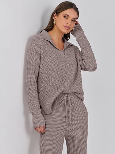 ANRABESS Women Two Piece Outfits Sweater Sets Lounge Waffle Knit Pullover Matching Wide Leg Pants Tracksuit 2025 Fall Fashion thumbnail 3