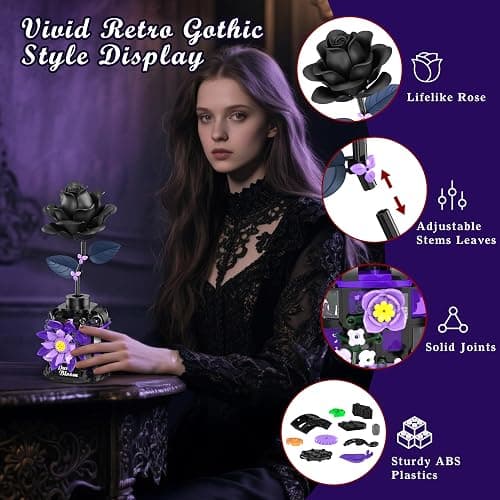 Alagoo Gothic Black Roses Building Blocks Kit – 359 PCS Mysterious Dark Bloom with Vase, Artificial Flower Toy Building Set, Gothic Decor Birthday Gifts Building Toys for Boys Girls thumbnail 3