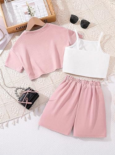 Ecolala Girl's Summer 3 Piece Outfits Graphic Short Sleeve Crop Top Cami and Shorts Clothes Set thumbnail 2