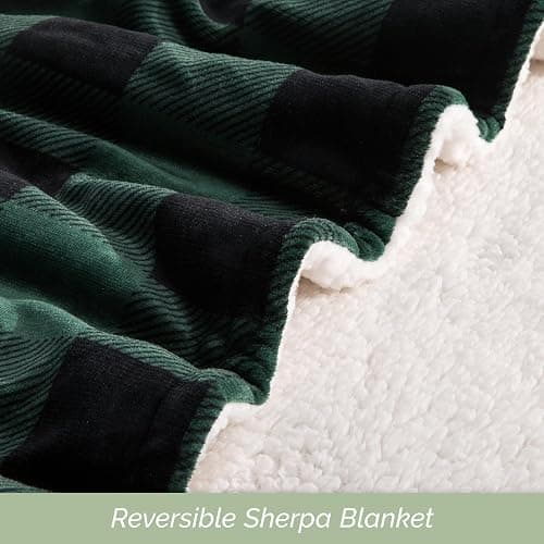 Elegant Comfort Ultra Soft Reversible Buffalo Plaid Flannel Sherpa Blanket - Cozy Silky Checkered Fleece Throw for Couch, Bed - Plush Fuzzy Warm Winter Blanket for Gift, Queen, Green thumbnail 5
