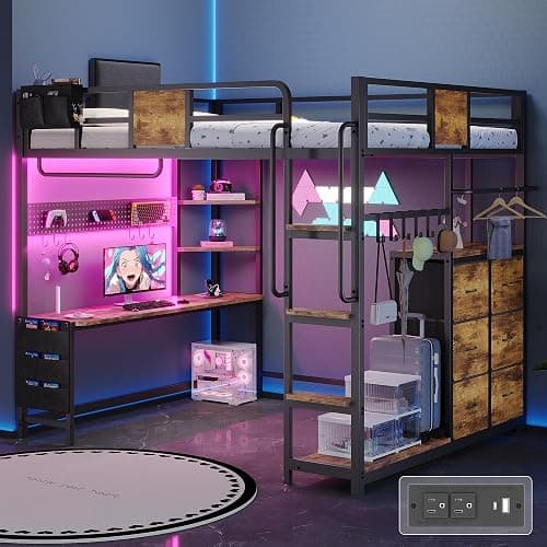 Dnxao Full Size Loft Bed with Desk, Heavy Duty Metal Bed Frame for Teens Adults, 6 Storage Drawers, Power Outlet with Type-C, LED Lights, Integrated Study Workstation for Small Room, Rustic Brown - Image 1