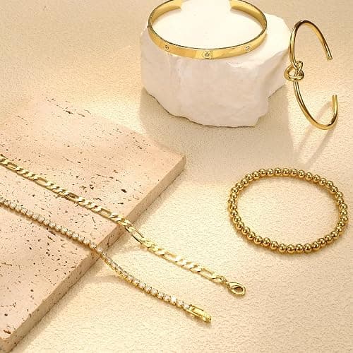 LOLIAS 5 Stück Armband Damen Gold 14 Karat Echtgold Armkette Manschetten Armband Hypoallergen Goldperlen CZ Tennis Armband Kette Stapelarmbänder Schmuck Gold Für Damen thumbnail 6