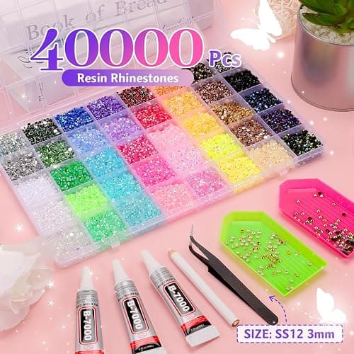 40000 Pcs 40 Colors Resin Jelly Rhinestones Kit, 3mm Flatback Rhinestones with 3 Pcs B7000 Jewelry Glue & Tools, Bedazzler Kit with Rhinestones, All-in-One Bedazzling Kit for DIY Arts & Crafts Gifts thumbnail 3