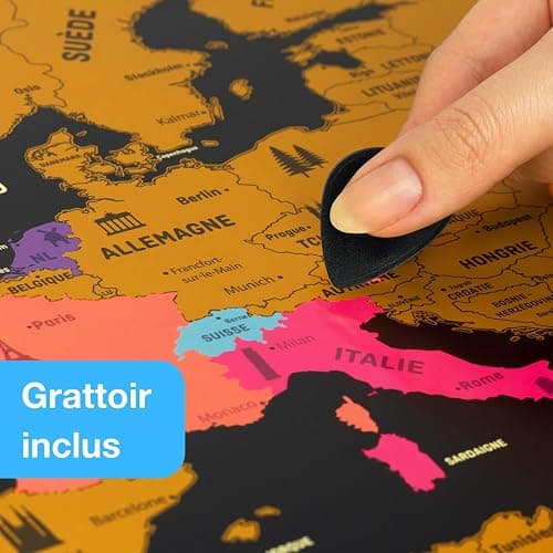 envami® Carte du Monde à Gratter en Français - Avec Carte Européenne - 68 X 43 CM - Dorée - Planisphère - Map à Gratter - Poster de Voyage thumbnail 4