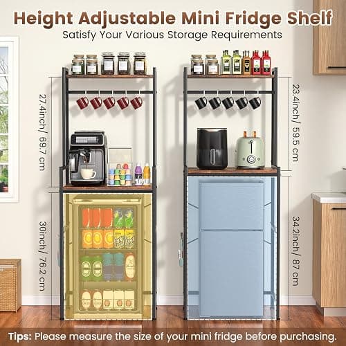 Housolution Mini Fridge Stand with Storage, 2-Tier Kitchen Microwave Stand with Storage Mini Fridge Shelf Height Adjustable Bakers Rack with 8 Hooks for Dorm, Living Room, Offices thumbnail 3