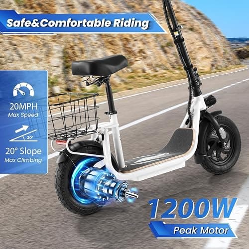 Caroma Peak 1200W/800W Electric Scooter with Seat, 30 Miles Max Range, Electric Scooter Adults, Up to 20MPH Foldable Escooter with Kid Seat,Key Start Adjustable E-Scooter thumbnail 2