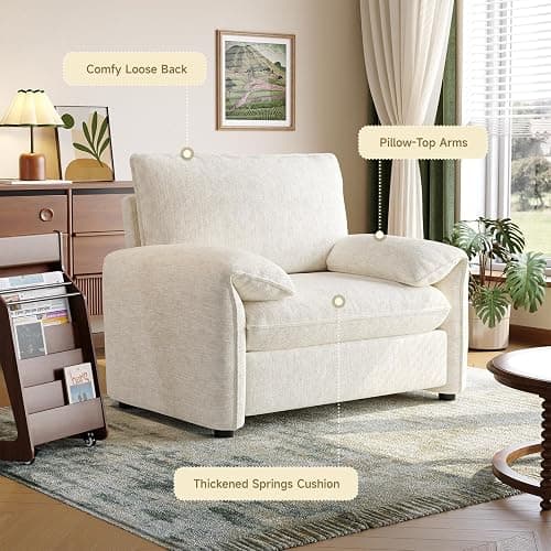 ONBRILL Oversized Accent Chair, 41 Inch Chenille Fabric Armchair, Comfy Single Sofa Chair with Padded Arms, Pocket Spring Cushion, Modern Reading Chair for Living Room, Bedroom, Beige thumbnail 4