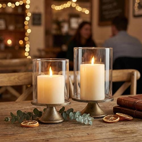 Set of 2 Hurricane Candle Holder Set with Glass Dome & Iron Base | Elegant Decorative Pillar Candle Holders for Living Room, Dining Room & Bedroom Centerpiece - Ideal Home Décor thumbnail 5