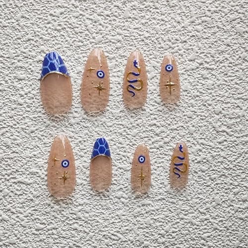 Snake Press On Nails - Medium Almond Blue French Tip False Nails with Silver Line Design, 24pcs - Style08 - 24 Fl Oz (Pack of 1) thumbnail 5