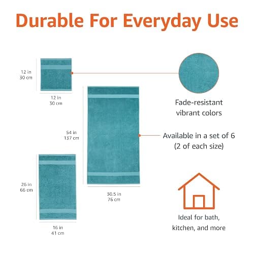 Amazon Basics Fade Resistant Bath, Hand and Washcloth Towel Set, 100% Cotton, Set of 6, Teal Green thumbnail 3