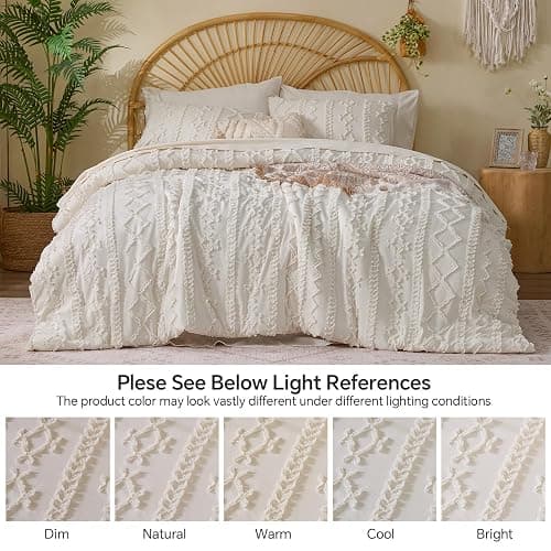 BEDELITE Queen Comforter Set 7 Pieces Cream White - Tufted Boho Bed in a Bag,Farmhouse-Style Embroidery Bedding for All Seasons,Soft Comforter with Sheets, Pillowcases & Shams thumbnail 9