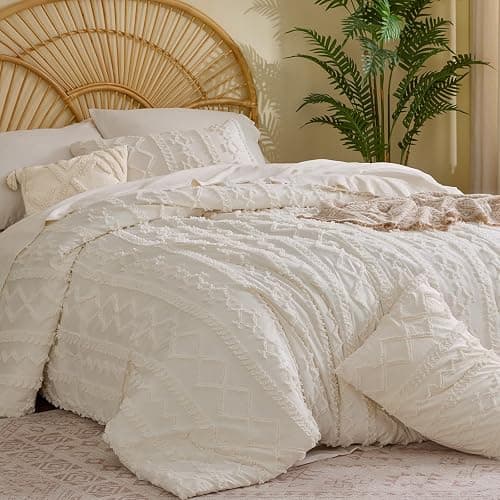 BEDELITE Queen Comforter Set 7 Pieces Cream White - Tufted Boho Bed in a Bag,Farmhouse-Style Embroidery Bedding for All Seasons,Soft Comforter with Sheets, Pillowcases & Shams thumbnail 2