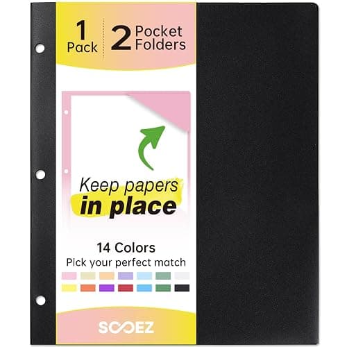 Sooez 2-Pocket Folders, Plastic Folders with Pockets 3 Hole Punched, 1 Pack Pockets Folder for 3 Ring Binder with Labels, Heavy Duty Binder Folder for Document, Letter Size File Folder,Black - Image 1
