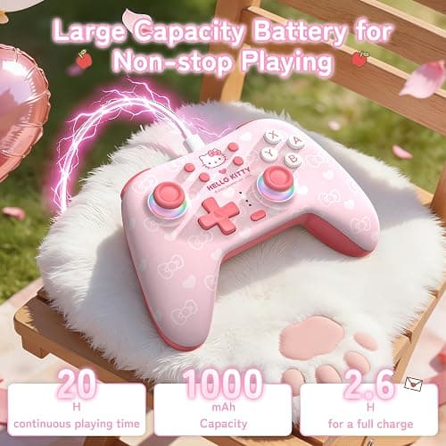 Kuitmor Pink Switch Controller,Hello Kitty Hall Effect Controllers Wireless for Switch 2/1/OLED/Lite,PC,Android,iOS | Bluetooth + Wired,1000mAh Battery,6-Axis Gyro,Dual Vibration,RGB Breathing Light thumbnail 8