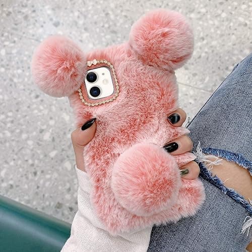 LUVI Compatible with iPhone 12 Plush Furry Case Fuzzy Fluffy Ball Rabbit Faux Fur Hair Cute Cartoon Bear Ear with Bling Glitter Diamond Camera Protection Cover Luxury Fashion Case Pink - Image 1