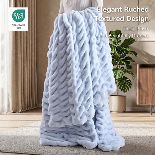 Smoofy Light Blue Fluffy Blanket for Couch - Luxury Faux Rabbit Fur 60"x80" | Ultra Soft & Plush Comfort Ruched Blanket, Cozy Fuzzy Fleece Throw for Sofa, Bed & Office, Gift for Women, Blue Room Decor thumbnail 3