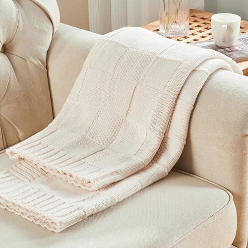 CozeCube Cream White Knitted Checkered Throw Blanket 60"X80" | Check Knit Throw for Couch, Decorative Christmas Soft Cozy Warm Blanket for Bed Sofa Living Room thumbnail 6