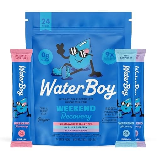 Waterboy Weekend Recovery Variety | 3,200mg Electrolyte Powder Packets | Ginger + L-Theanine + Vitamins | No Sugar, All Natural, Gluten Free | 24 Drink Stick Mixes (Variety Pack) - Image 1