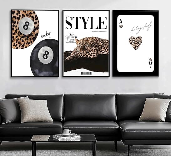 Trendy Leopard Set of 3 Canvas Wall Art Preppy Room Aesthetic Cheetah Cheetah posters Prints Funky Lucky 8 Ball Wall Decor Pictures for Girls Bedroom Apartment Dorm Unframed Decoration thumbnail 7