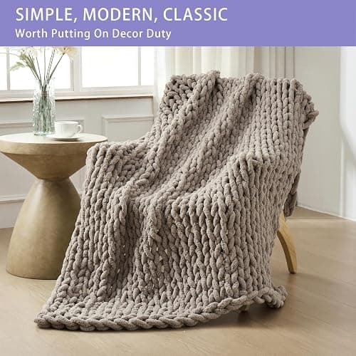 Bigacogo Chunky Knit Throw Blanket for Couch, 80x90 inches, 100% Hand Knitted with Thick Jumbo Chenille Yarn, Cozy Soft Large Rope Knot Cable Crochet Blankets for Sofa Bed Living Room, Taupe thumbnail 3