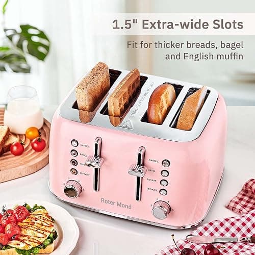 Roter Mond Toaster 4 Slice Retro Stainless Steel with Extra Wide Slots Bagel, Defrost, Reheat Function, Dual Independent Control Panel, Removable Crumb Tray, 6 Browning Levels, Pink thumbnail 4