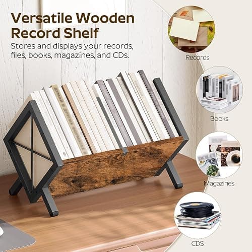 YATINEY Vinyl Record Holder, Record Storage Rack Holds 80-100 LP，Wooden and Metal Record Organizer, Quick Assembly Magazine Holder for CDs, Magazine, Albums, Rustic Brown and Black CJ06BR thumbnail 6