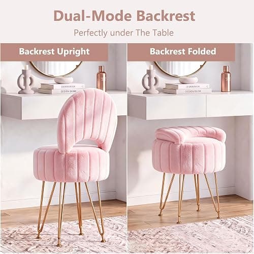 Garvee Vanity Stool Chair with Storage and Folding Back,Faux Fur,Pink,Small | Soft Ottoman,Modern Chairs for Makeup,Vanity Bench,Metal Legs,Adjustable Feet,for Living Room,Bedroom,Makeup Room thumbnail 6