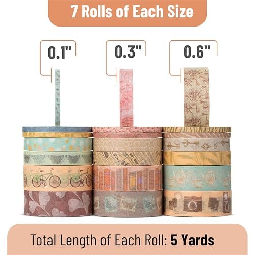 Mr. Pen- Washi Tape Set, 21 Rolls, Assorted Sizes, Vintage Charm Design, Washi Tape for Journaling thumbnail 4