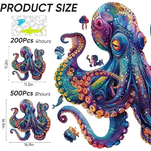 Qiuenisray Wooden Puzzles for Adults, Octopus Ocean Jigsaw Puzzles 200 Pieces, FSC Certified Unique Animal Adult Puzzles, Irregular Creative Gift for Family Game 11.2 x 11.2 in thumbnail 3