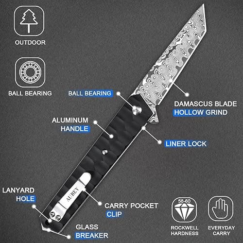 AUBEY Damascus Pocket Knife with Clip, Tanto Blade Damascus Steel Folding Knives for Men Tactical, Aluminum Handle with Glass Breaker for EDC Camping Gift thumbnail 5