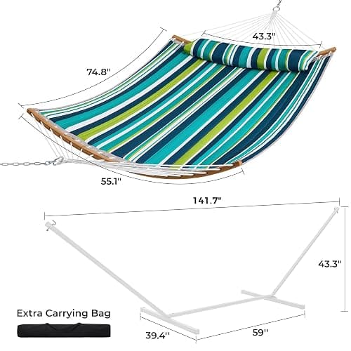 SUPERJARE Curved-Bar Hammock with Stand, 2 Person Heavy Duty Hammock Frame, Detachable Pillow & Portable Carrying Bag, Perfect for Outdoor & Indoor, Blue-Green Stripe thumbnail 3
